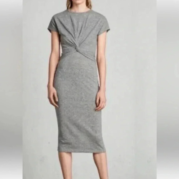 NWT ALLSAINTS Paloma Drape Dress Midi Size Large Gray Marl Knot Front All Saints - Picture 1 of 13